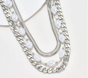 Susan Graver Three Row Chain and Simulated Pearl Necklace