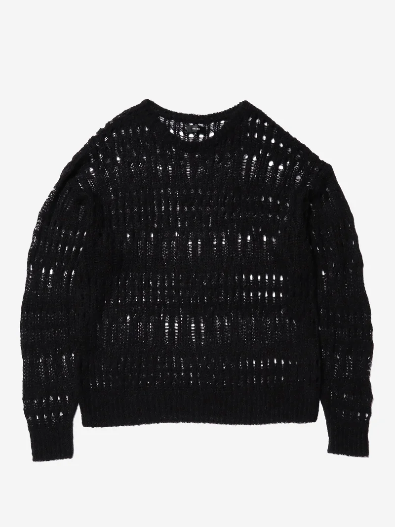 Image of Beams Crochet Crew Neck - Black