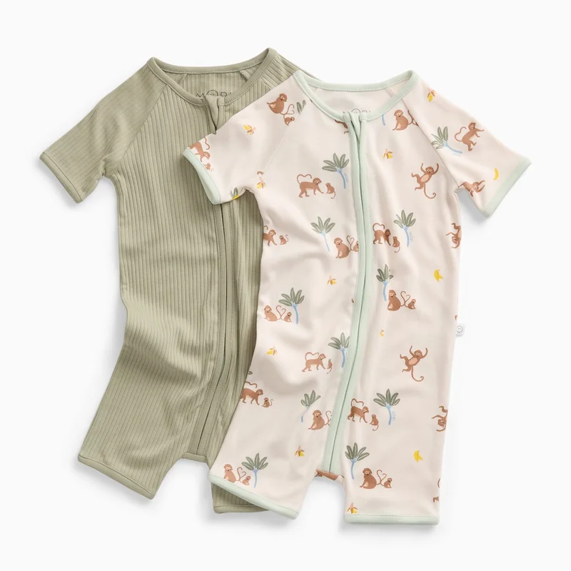 Image of Monkeys & Ribbed Summer Baby Pajamas 2 Pack