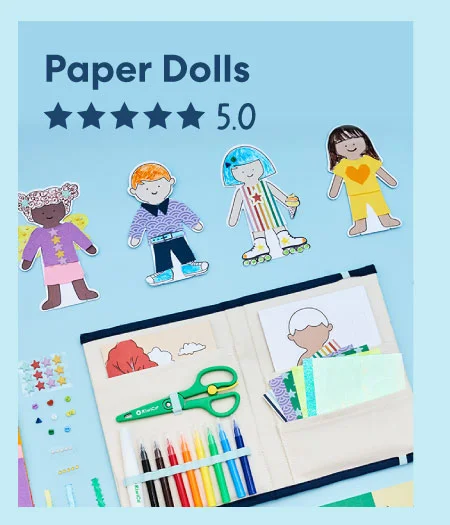 A creative paper doll-making kit is displayed on a light blue background. Several cutout dolls with vibrant outfits, accessories, and drawing tools surround the scene. The text overlay reads, ''Paper Dolls'' with a 5.0-star rating.