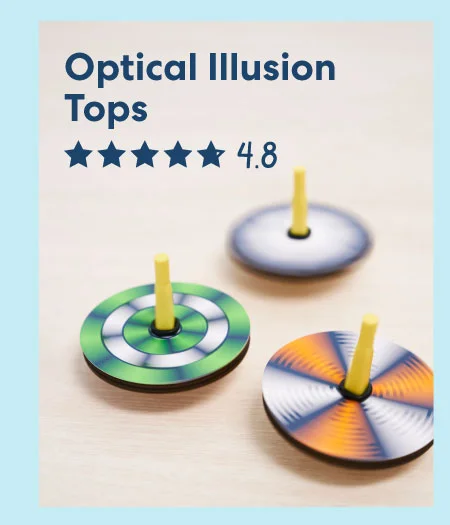 A blue background features spinning tops painted with swirling, colorful optical illusion designs. Next to them are art supplies and a small instruction booklet. The text overlay reads, ''Optical Illusion Tops'' with a 4.8-star rating.
