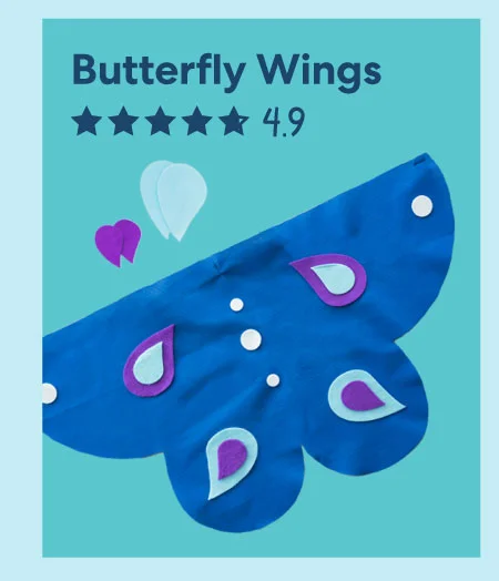 A deep blue felt butterfly wing craft project is displayed, featuring intricate purple and white patterns. The text overlay reads, ''Butterfly Wings'' with a 4.9-star rating.