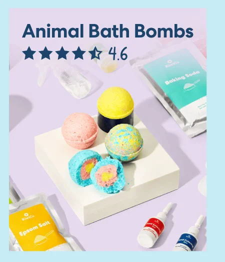 A pastel blue background presents a bath bomb-making kit with colorful bath bombs in the shape of animals, a mixing bowl, and an instruction booklet. The text overlay reads, ''Animal Bath Bombs'' with a 4.6-star rating.