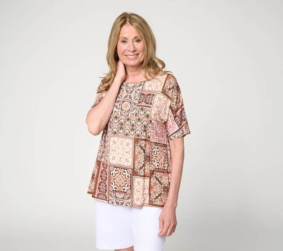 Susan Graver Printed Rayon Spandex Dolman Sleeve Bateau Neck Top