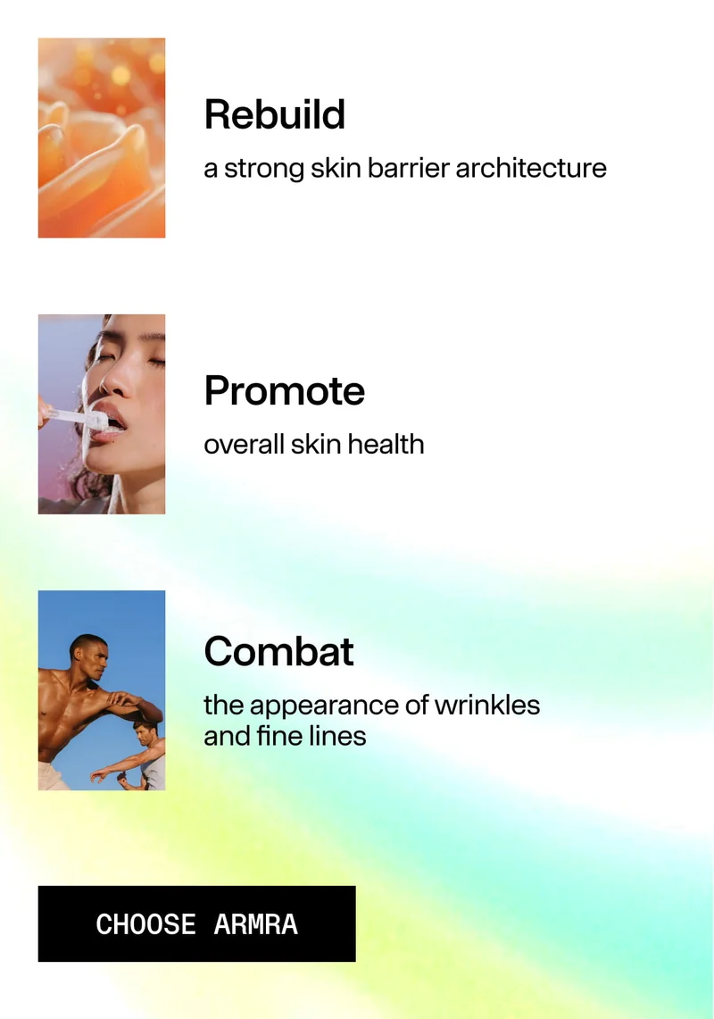 Benefit-driven graphic highlighting skin support claims with sections for rebuilding the skin barrier, promoting skin health, and reducing the appearance of fine lines.