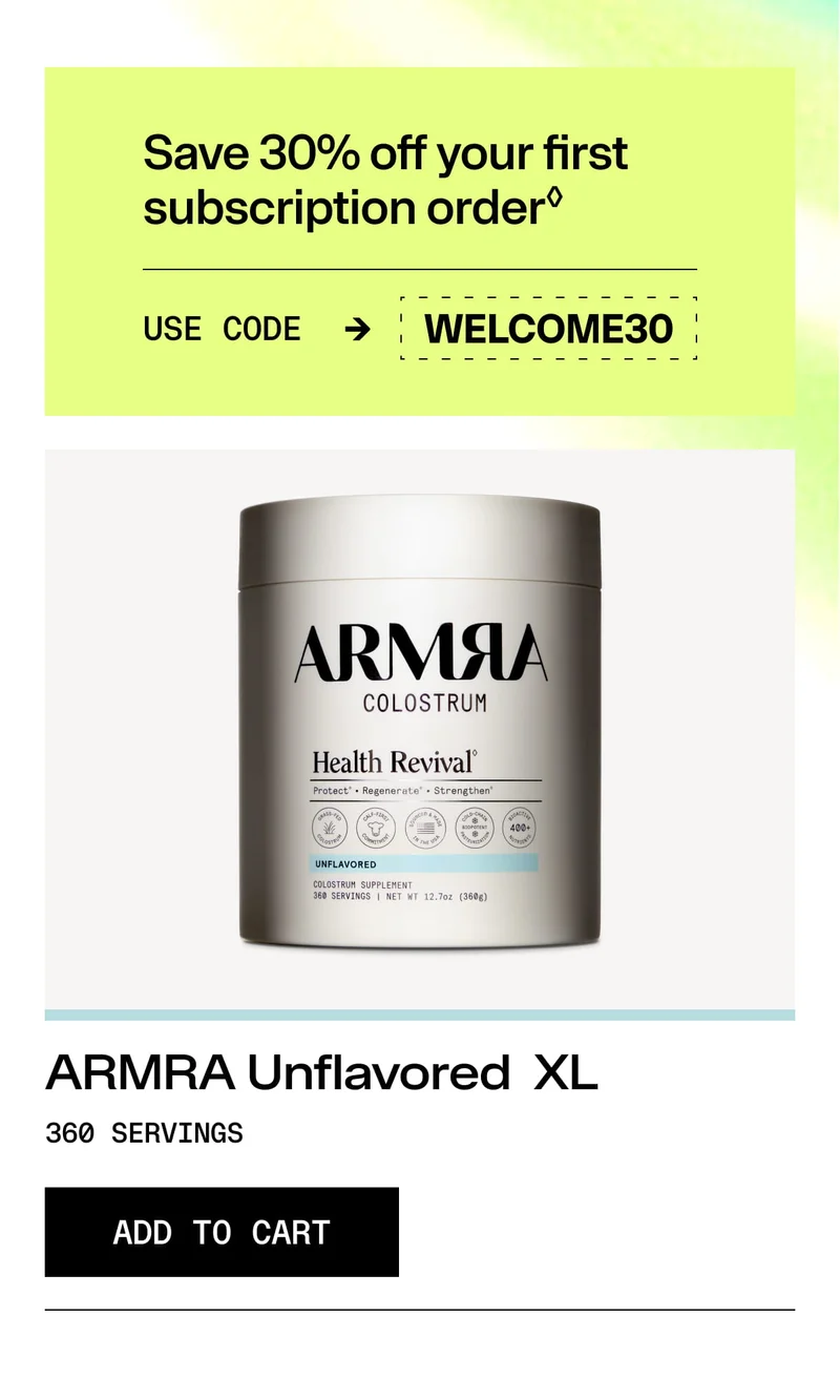 Product display of ARMRA Unflavored XL Colostrum jar showing 360 servings with an Add to Cart button.