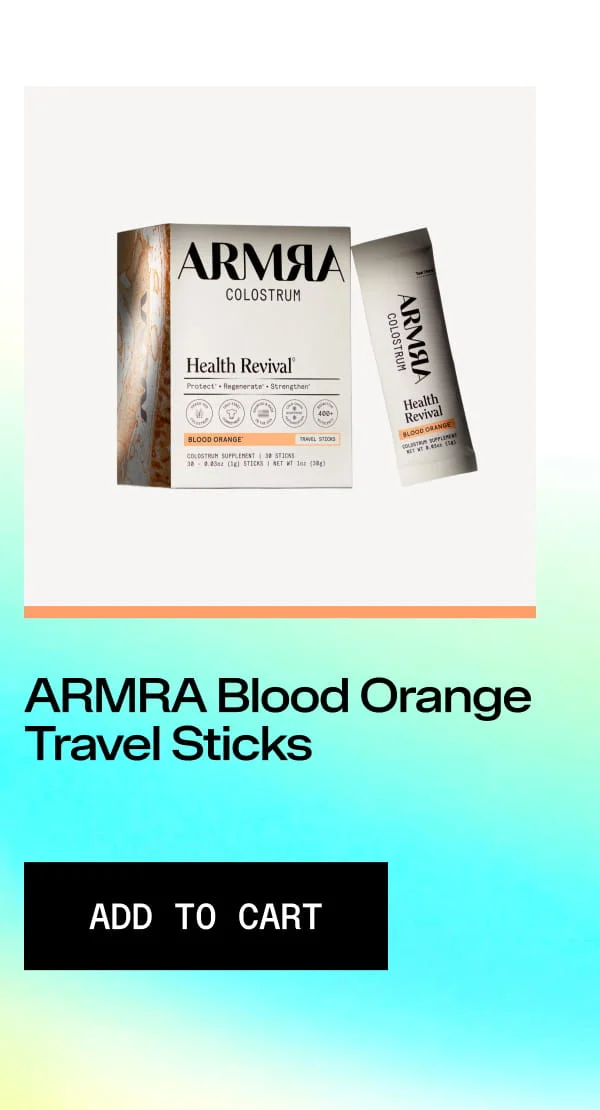 Product card featuring ARMRA Blood Orange Travel Sticks packaging with Add to Cart button.