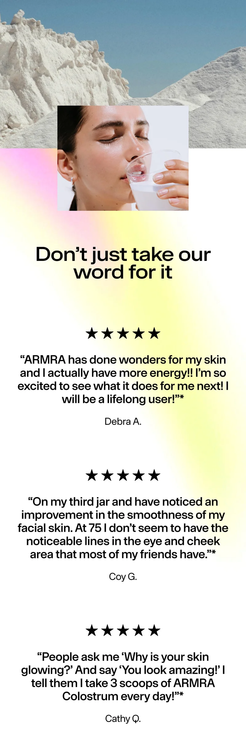 Customer testimonial section with star ratings, quotes about improved skin and energy, and lifestyle imagery.