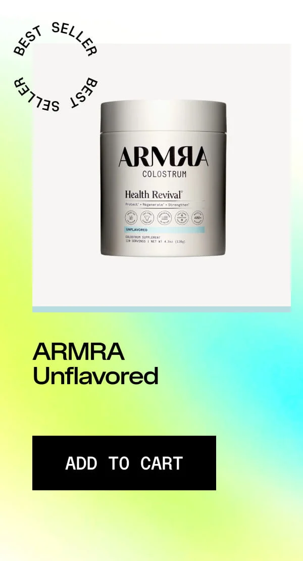 Product card showing ARMRA Unflavored Colostrum jar with Add to Cart button.