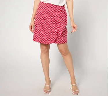 Susan Graver Printed Liquid Knit Faux Wrap Skort with Tie Detail