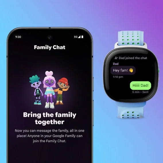 A collage featuring Family Chat on Fitbit Ace LTE and the Fitbit Ace App on a smartphone screen.