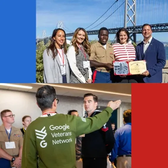 A collage featuring two groups of people superimposed on a red and blue background. One of the people wears a green sweater with “Google Veterans Network” written on the back.