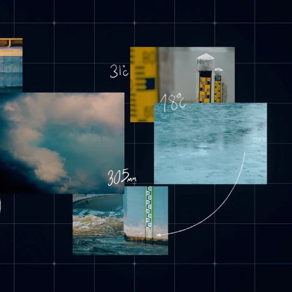 A collage featuring photos of water, cloudy skies and scientific instruments.