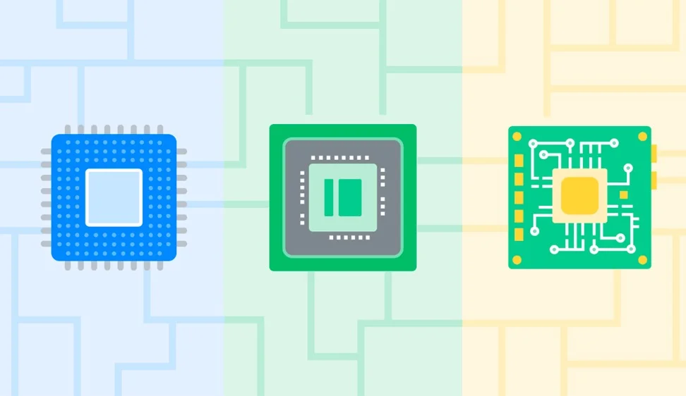 An illustration shows different types of chips in blue, green and yellow on an abstracted background of lines that resemble a circuit board.