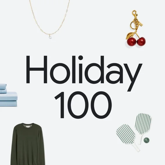 Text reads “Holiday 100,” surrounded by images of gifts, including a necklace, a green shirt, folded sheets, a cherry-shaped charm and paddles with a ball.