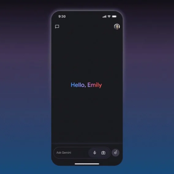 Image of an iPhone with the Gemini app open. The screen reads “Hello, Emily” in a blue, purple and pink gradient. e