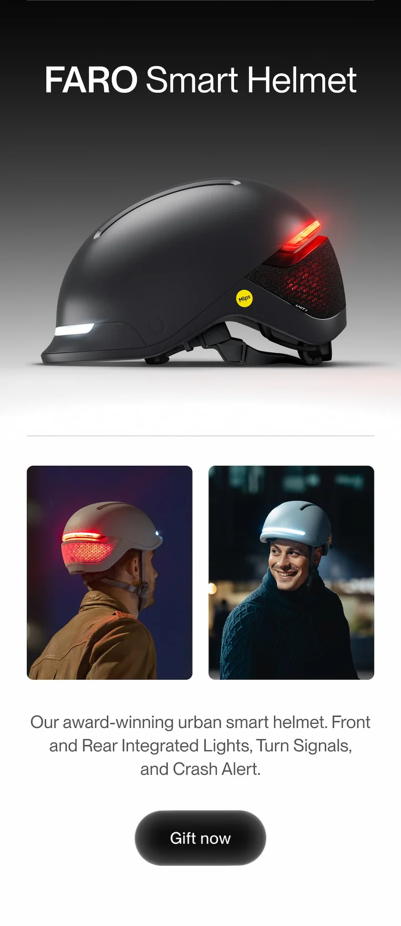 FARO smart helmet with front and rear integrated lights and Mips, presented with lifestyle photos of riders using it on nighttime commutes.