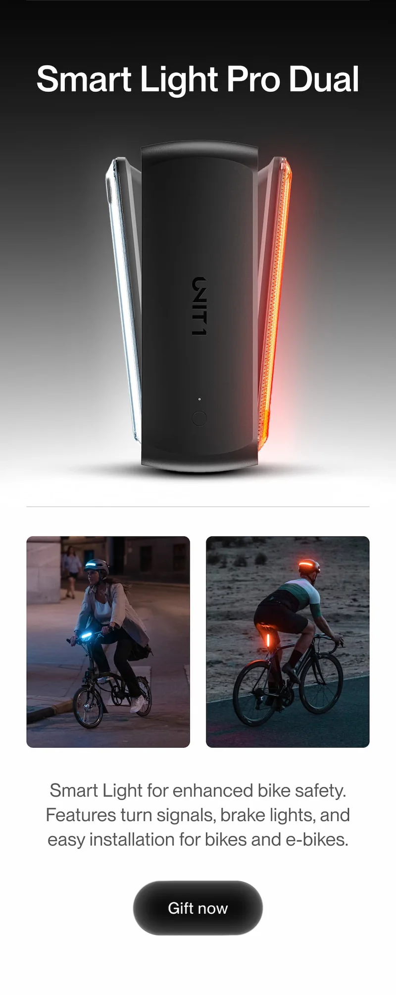 Smart Light Pro Dual shown with bright turn signals and brake light, plus night riding photos that highlight its visibility on bikes and e bikes.