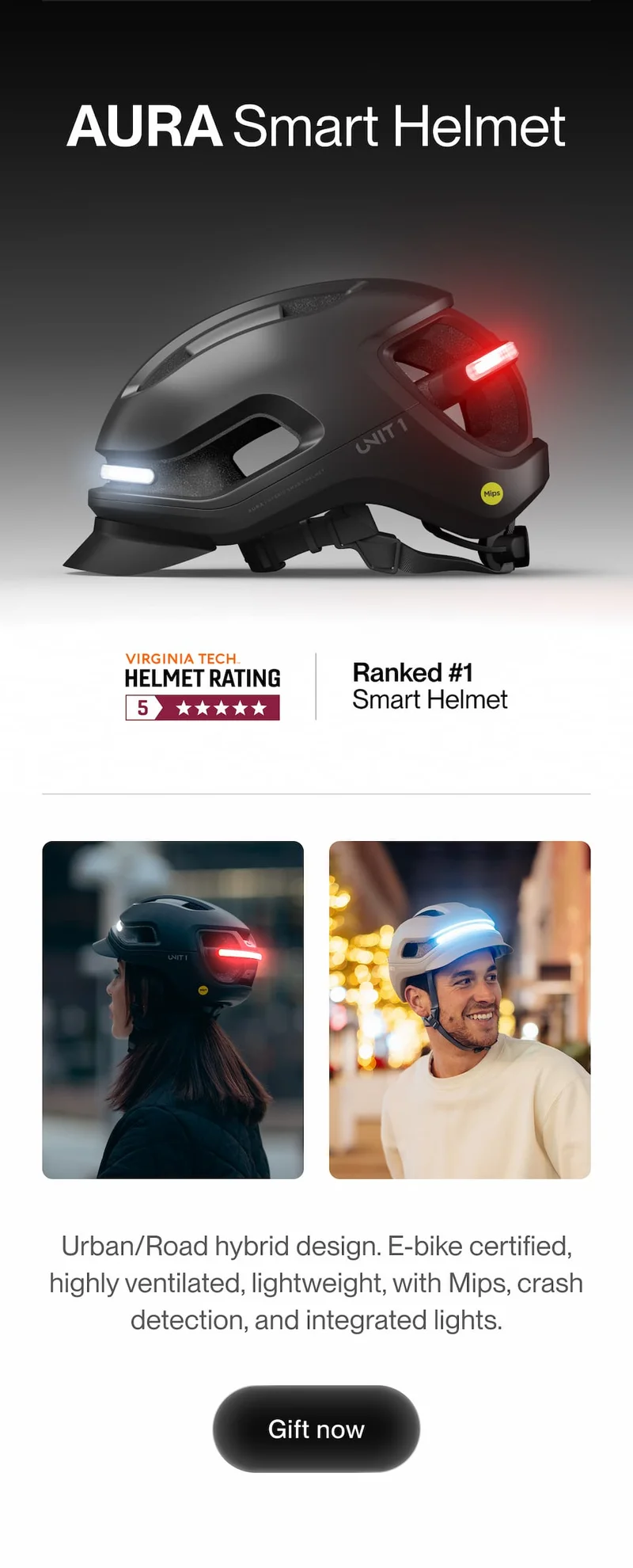 AURA smart helmet with integrated front and rear lights and its Virginia Tech 5 star rating, shown with riders using it in urban night environments.