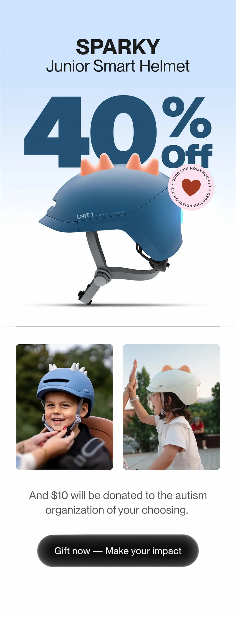 SPARKY junior smart helmet shown with playful color inserts and lifestyle photos of kids enjoying safe rides.