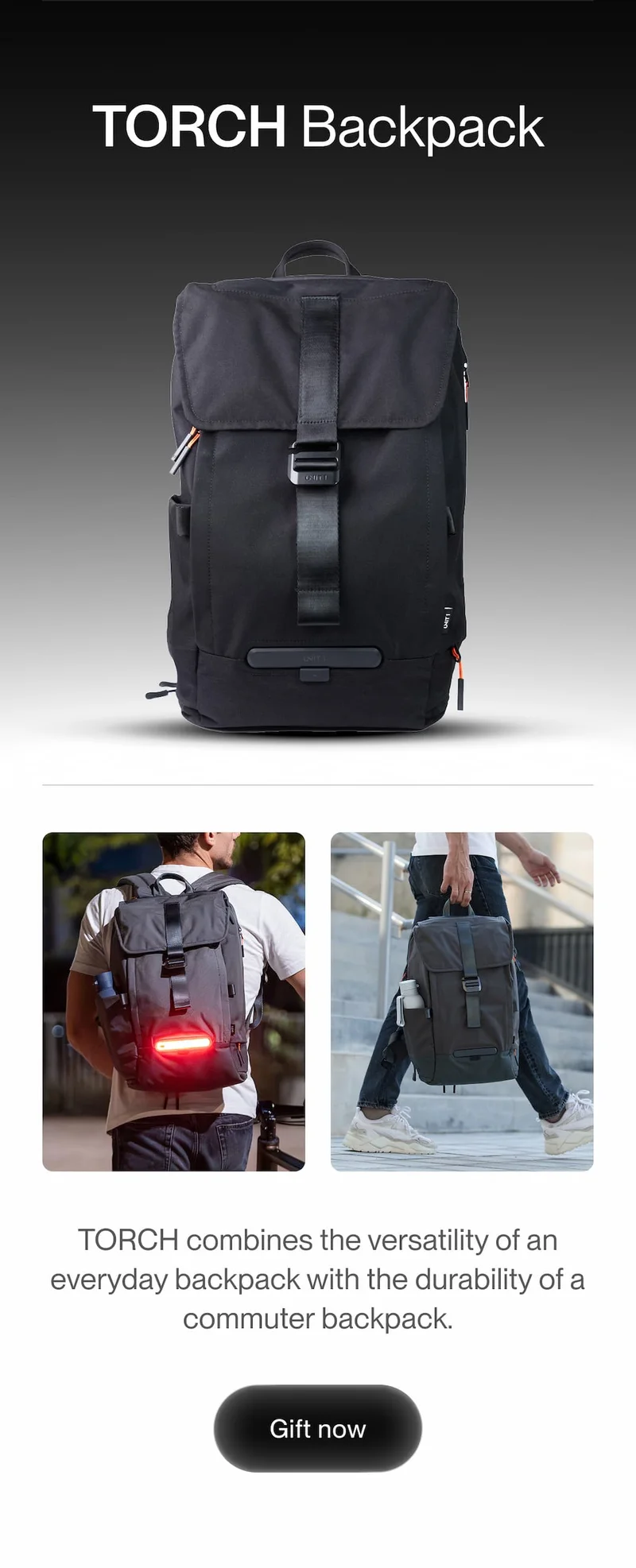 TORCH backpack featuring its illuminated rear panel and commuter ready design, shown in use during urban rides and daily movement.