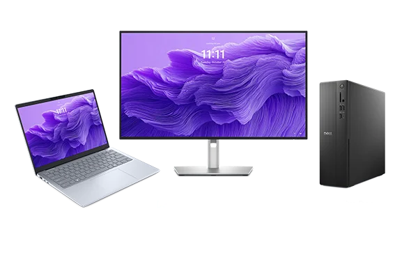 Dell 14 Plus Laptop, Dell UltraSharp 27 4K Thunderbolt Hub Monitor and Dell ECS1250 Slim Tower Desktop