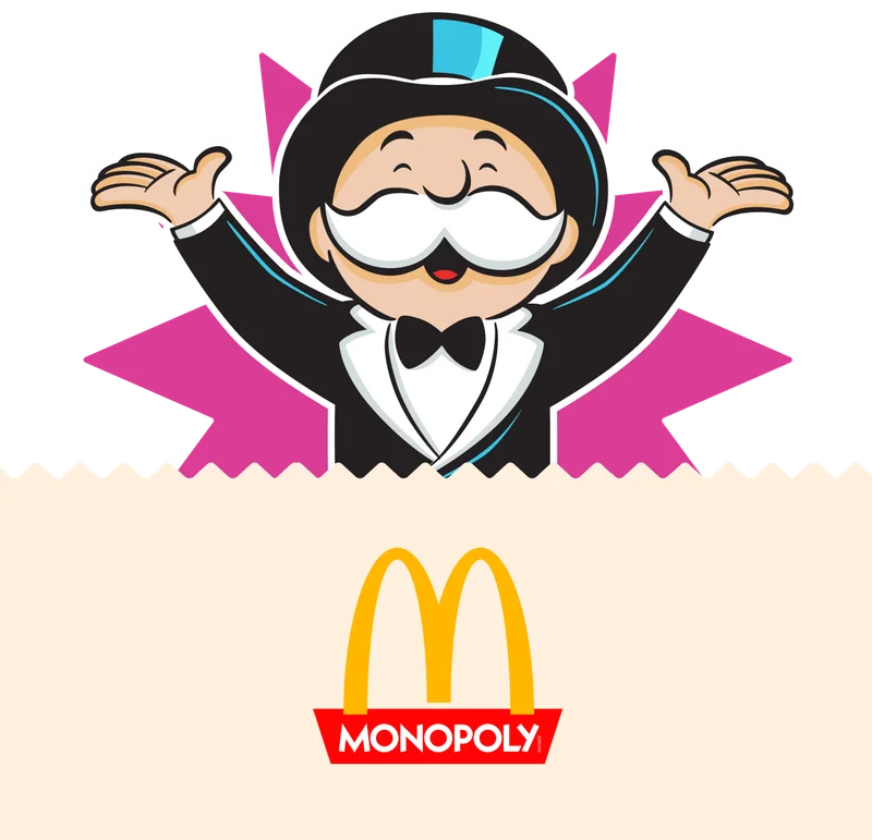 Mr. Monopoly with his hands up. Monopoly at McDonald's logo.