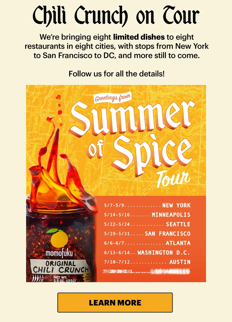 Header: SUMMER OF SPICE IS HERE Sub-header: Tour stops, limited dishes, new recipes, and a whole summer built around Chili Crunch. CTA: SHOP CHILI CRUNCH