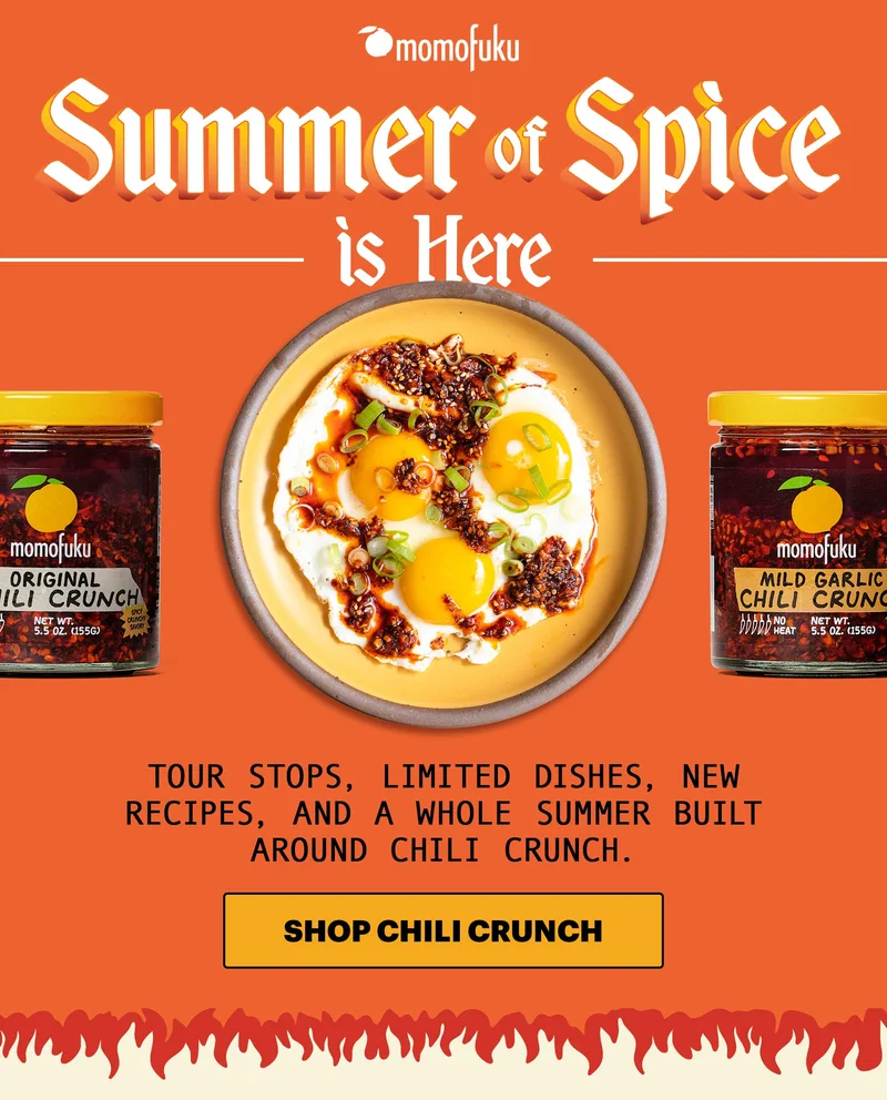 Header: SUMMER OF SPICE IS HERE Sub-header: Tour stops, limited dishes, new recipes, and a whole summer built around Chili Crunch. CTA: SHOP CHILI CRUNCH