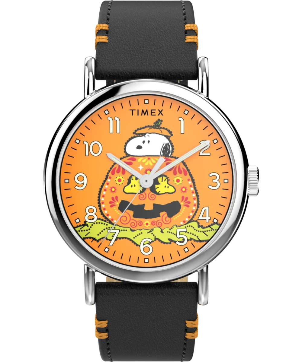 Image of Timex x Peanuts® Weekender Pumpkin Dial 40mm Leather Strap Watch