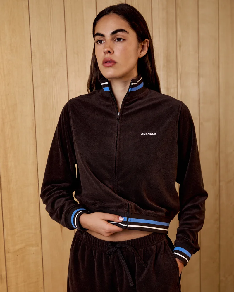 Terry Towelling Contrast Track Jacket - Coffee Bean/Blue