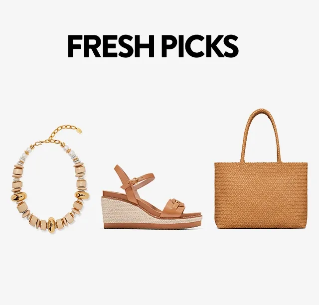 A mixed-media necklace, wedge sandal, woven tote, beaded earrings, fisherman sandal and straw hat.
