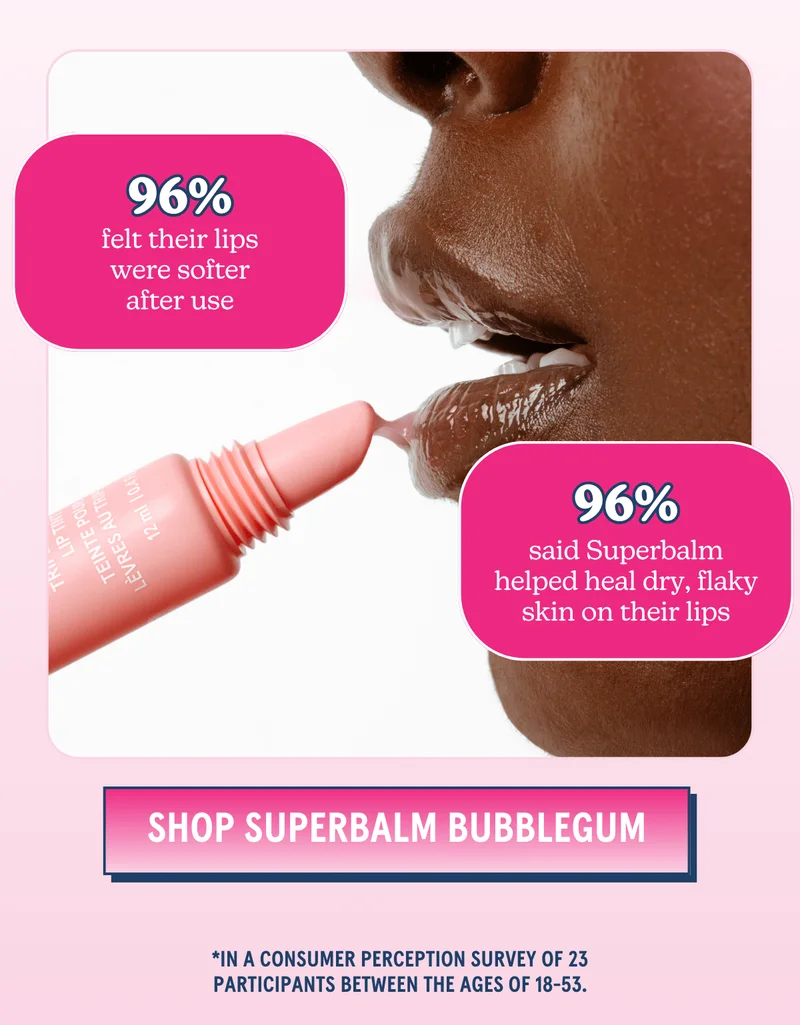 96% felt their lips were softer after use | 96% said Superbalm helped heal dry, flaky skin on their lips [SHOP SUPERBALM BUBBLEGUM] *In a consumer perception survey of 23 participants between the ages of 18-53.