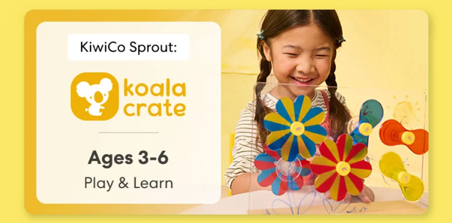Young child smiling while working on creative KiwiCo Sprout projects, perfect for ages 3–5 for play and learn.