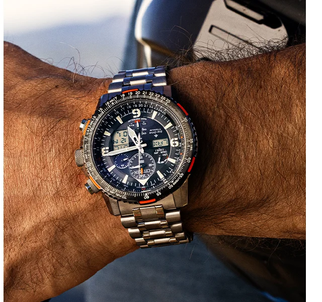 Closeup of the Promaster Skyhawk A-T on a person's wrist