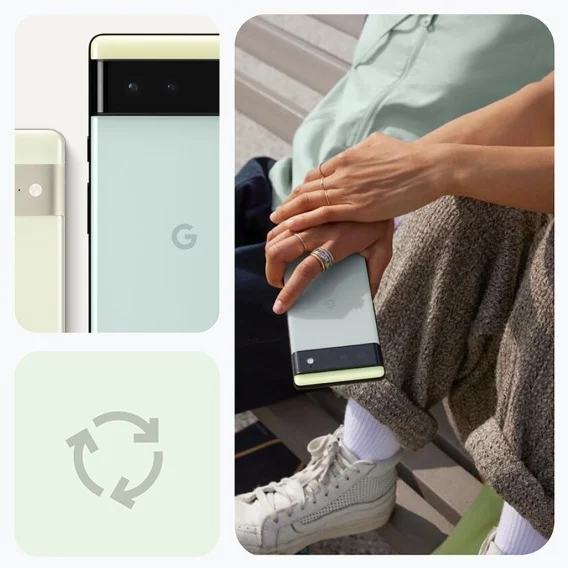 A photo collage showcasing a light green Google Pixel phone. The top left image highlights the phone's camera bar, the top right image shows a person casually holding the phone, and the bottom left displays a recycling symbol.