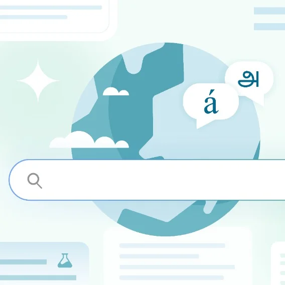 Illustration of a stylized globe with speech bubbles containing different characters from various languages and a simplified search bar.