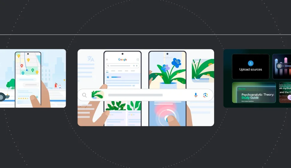 A collage of several illustrations of hands holding smartphones with various applications open, as well as the user interface for NotebookLM.