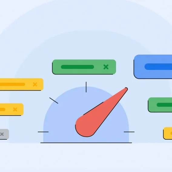 An abstract illustration of a dial with a red hand pointing to the upper right, surrounded by yellow, green and blue rectangular bubbles.