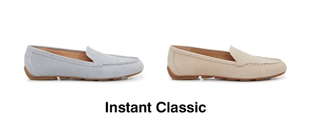 The best-selling woman’s Ozzie loafer in pale Tender Blue and Khaki suede.