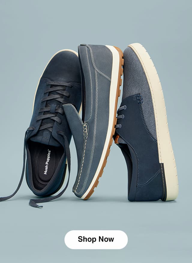 Three men's shoes in shades of blue.