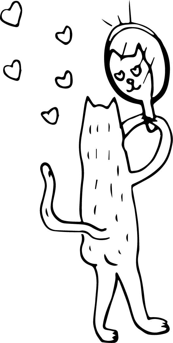 A black line illustration of a cat looking at itself in a mirror.