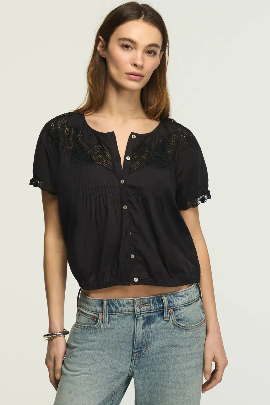 Image of Lucky Brand Crochet Puff Sleeve Button Up Top - Women's Clothing Tops Tees Shirts in Caviar