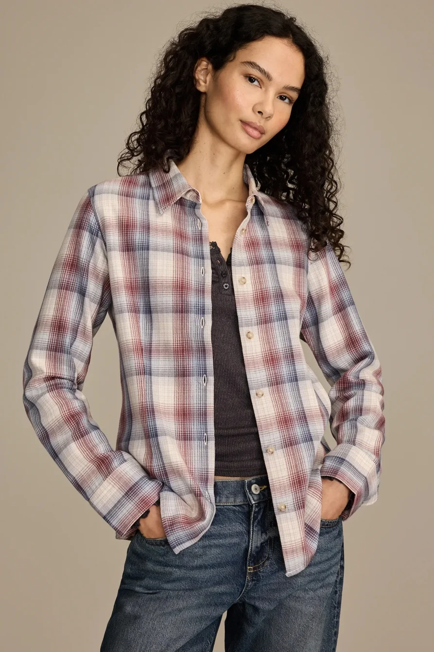 Image of Lucky Brand Plaid Buttondown Shirt - Women's Clothing Button Down Tops Shirts in Red Plaid