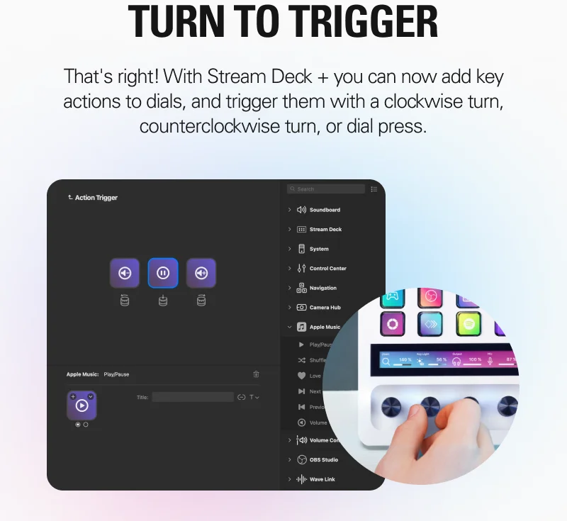 TURN TO TRIGGER - That's right! With Stream Deck + you can now add key actions to dials, and trigger them with a clockwise turn, counterclockwise turn, or dial press.