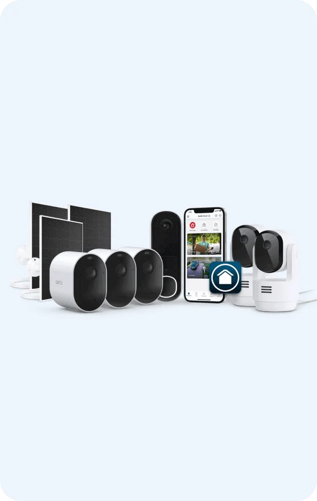 Arlo Arlo Secure Kit - Doorbell + 3 Pro Outdoor Cameras + 3 Solar Panel Chargers + 2 Indoor Pan Tilt Cameras.