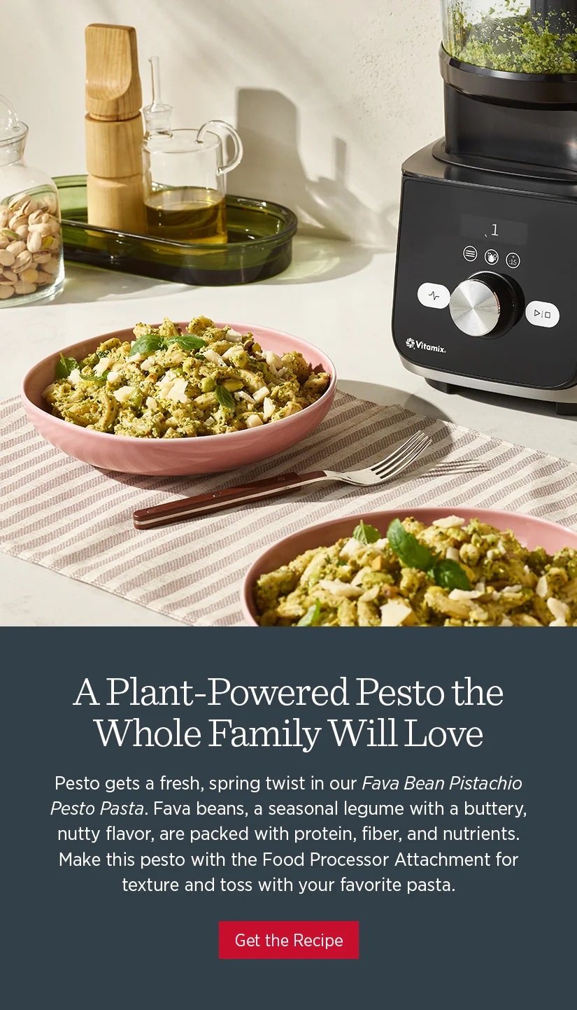 A plant-powered pesto the whole family will love! Pesti gets a fresh, spring twist in our Fava Bean Pistachio Pesto Pasta. Fava beans, a seasonal legume with a buttery, nutty flavor, are packed with protein, fiber, and nutrients. Make this pesto with the Food Processor Attachment for texture and toss with your favorite pasta.