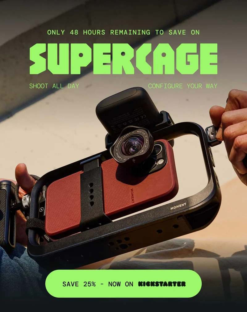 Only 48 Hours Remaining to Save On SuperCage - Shoot All Day Configure Your Way - Save 25% - Now On Kickstarter - Image of the moment Supercage with an iPhone 16