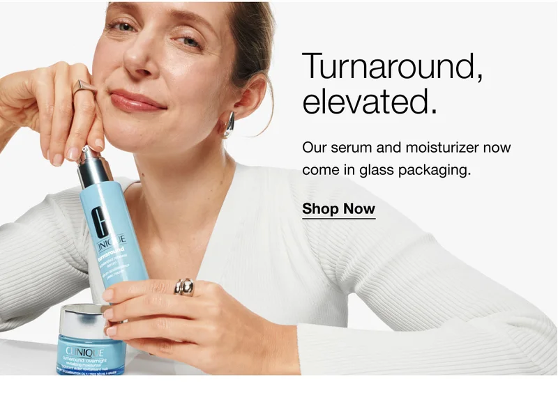 Turnaround, elevated. | Our serum and moisturizer now come in glass packaging. | Shop Now