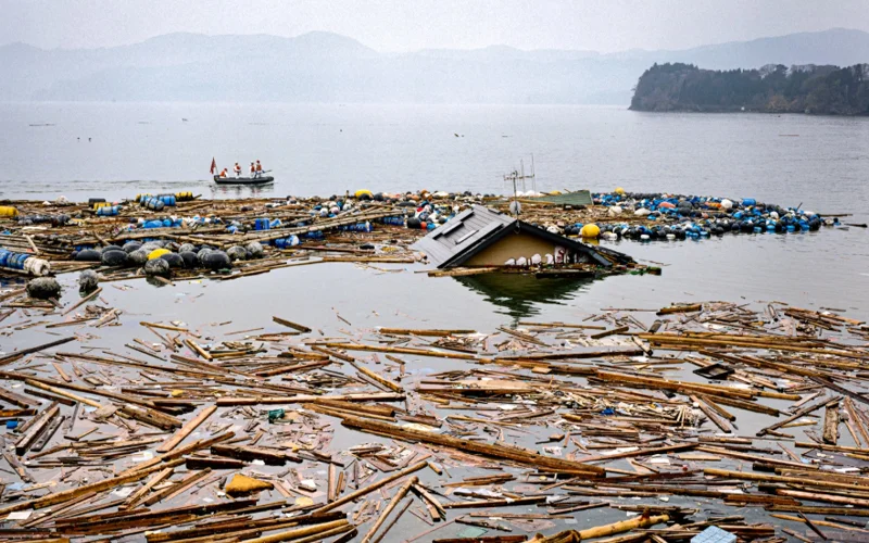 The aftermath of the 2011 megaquake and tsunami off the coast of Honshu, Japan.